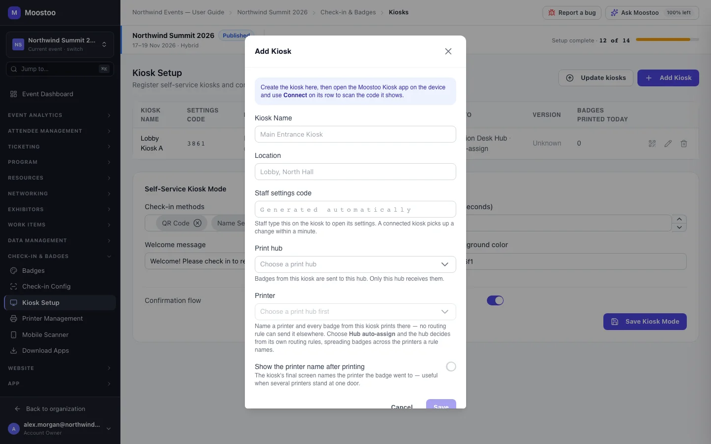 The Add Kiosk dialog with name, location, staff settings code, print hub and printer fields