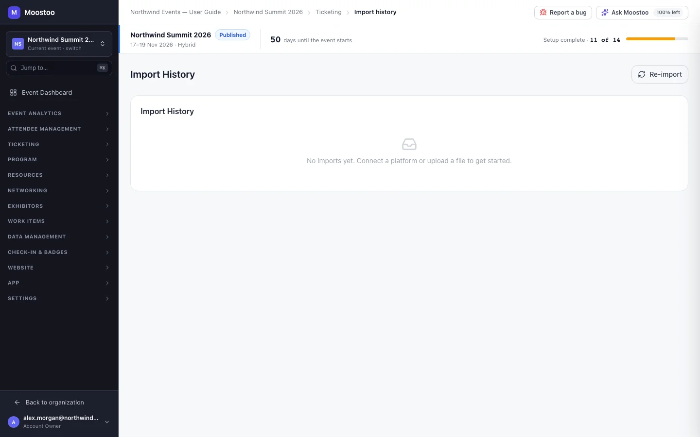 Import History with the Re-import button, the run panel and the table of imported tickets