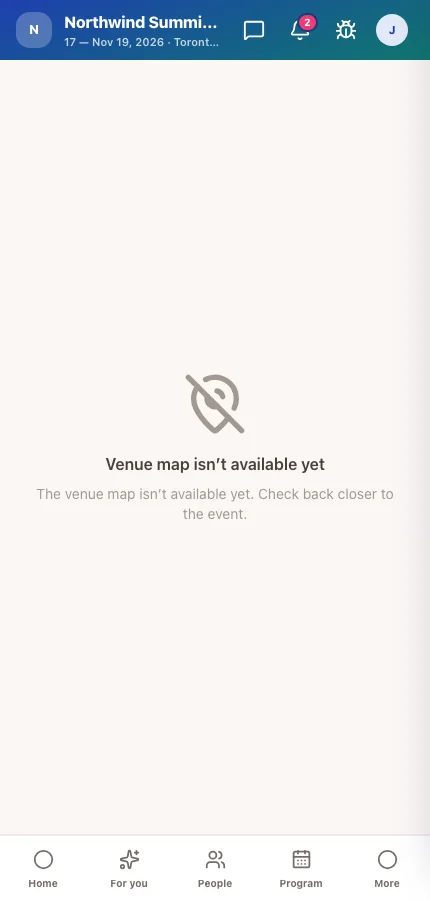 The attendee app's Venue Map screen showing the floor plan with coloured zones and a search field