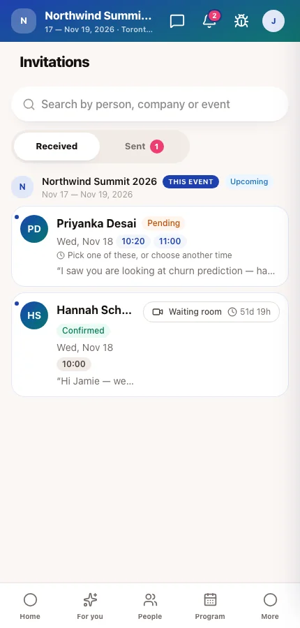The attendee app's Invitations screen with sent and received meeting requests
