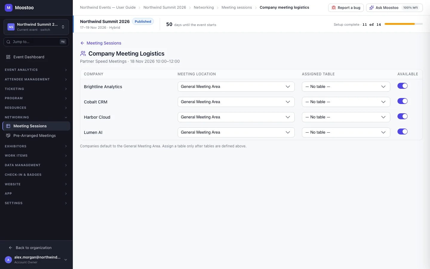 The Company meeting logistics screen listing event companies with meeting location, assigned table and availability