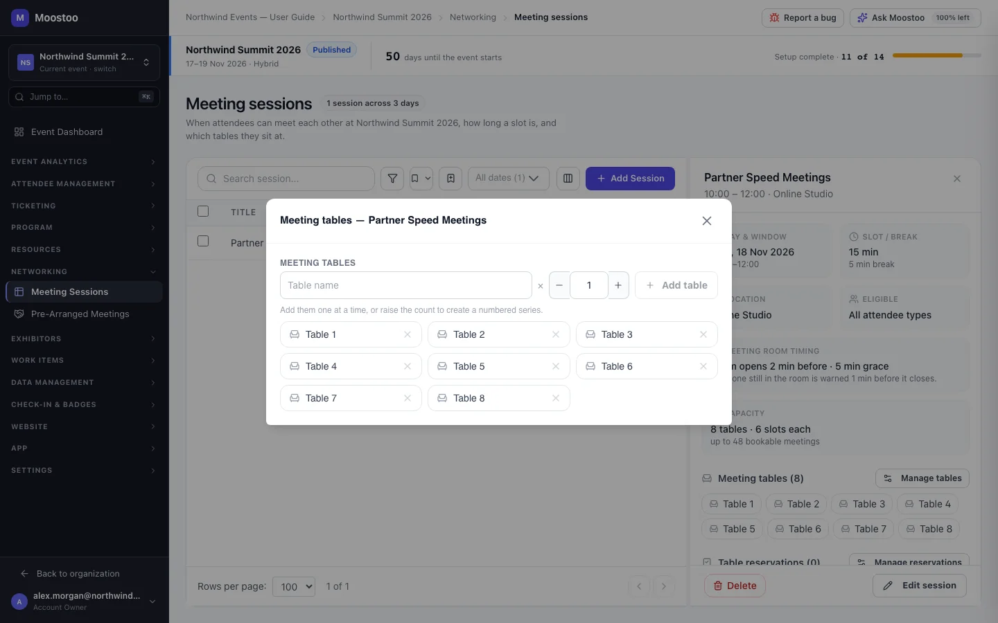The Manage tables dialog of a meeting session with a name field, a count, and the list of numbered tables
