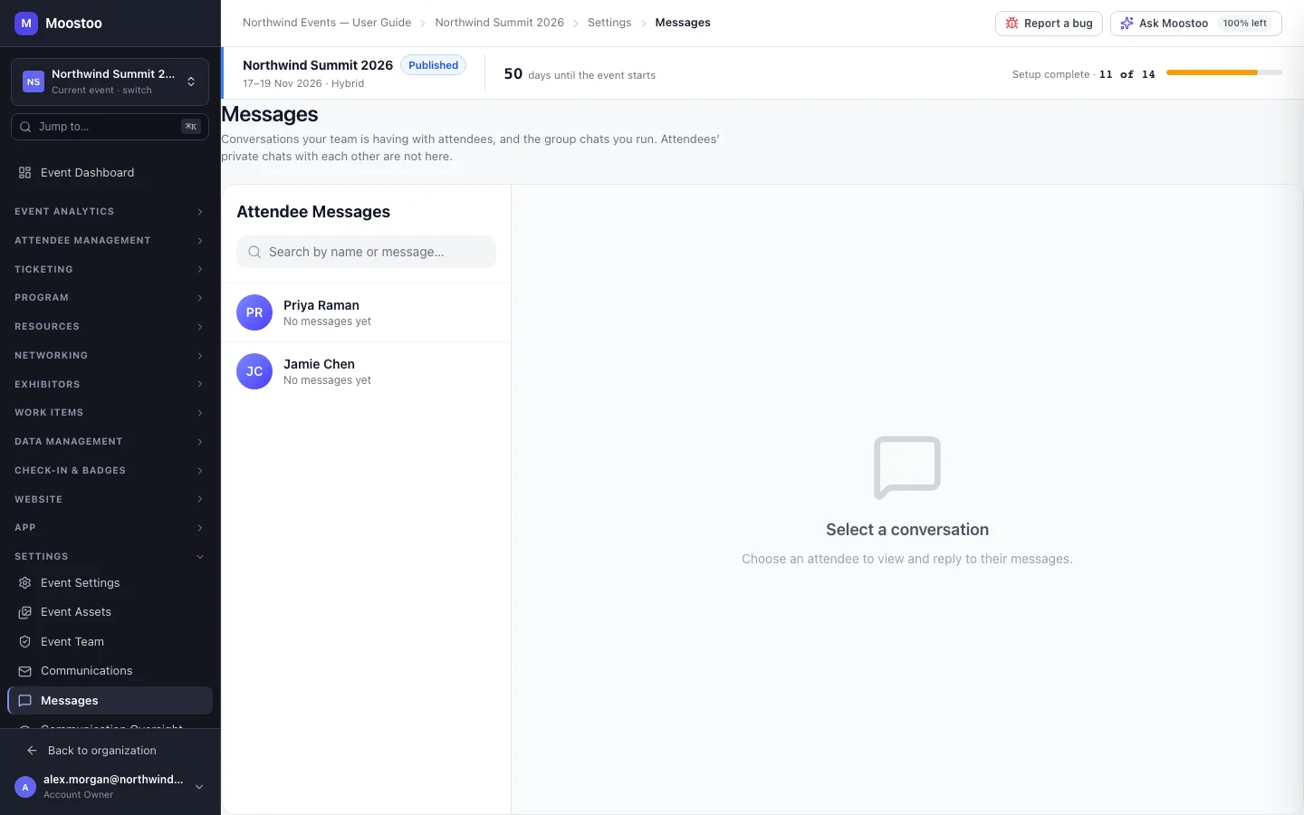 The admin Messages screen listing attendee conversations with the event team and an open thread with a reply box