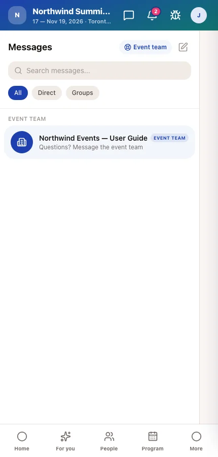 The attendee app's Messages screen with the event team conversation pinned at the top