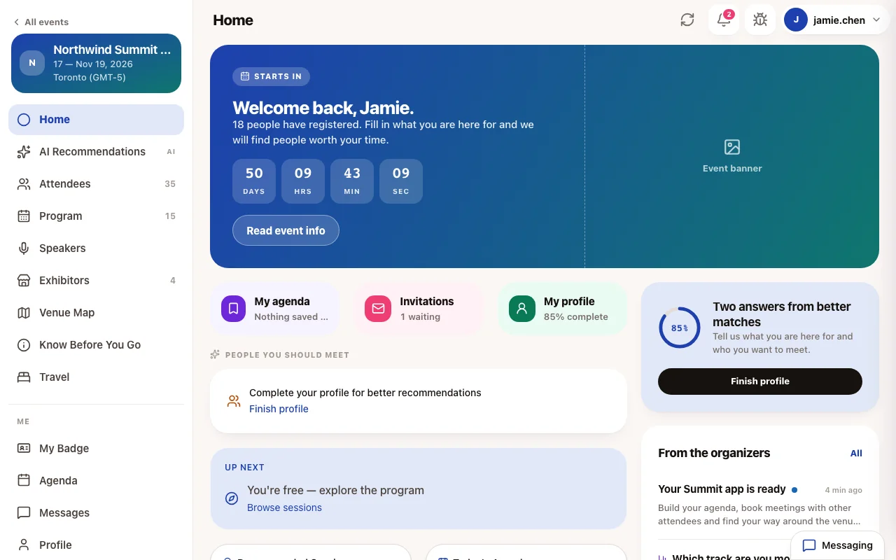 The attendee app on a computer with the menu sections in the sidebar