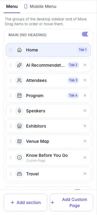 The Menu tab of the App Designer showing the main section, Staff Tools, Me and the Not added list
