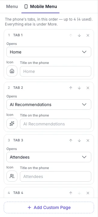 The Mobile Menu tab listing the bottom bar tabs in order with an Add a tab picker