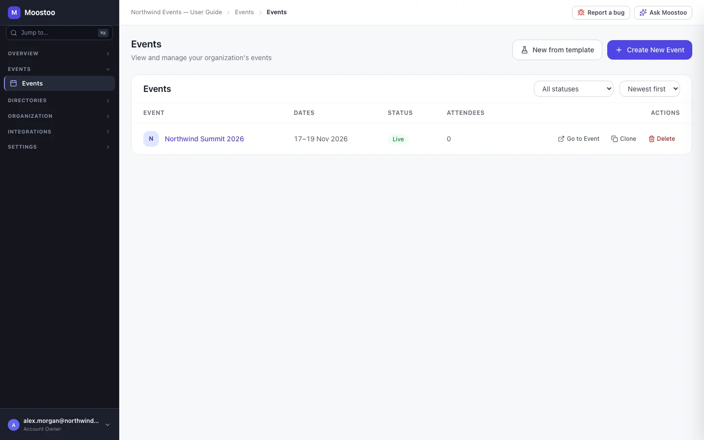 The Events screen listing Northwind Summit 2026 with its dates, status and attendee count, and the New from template and Create New Event buttons