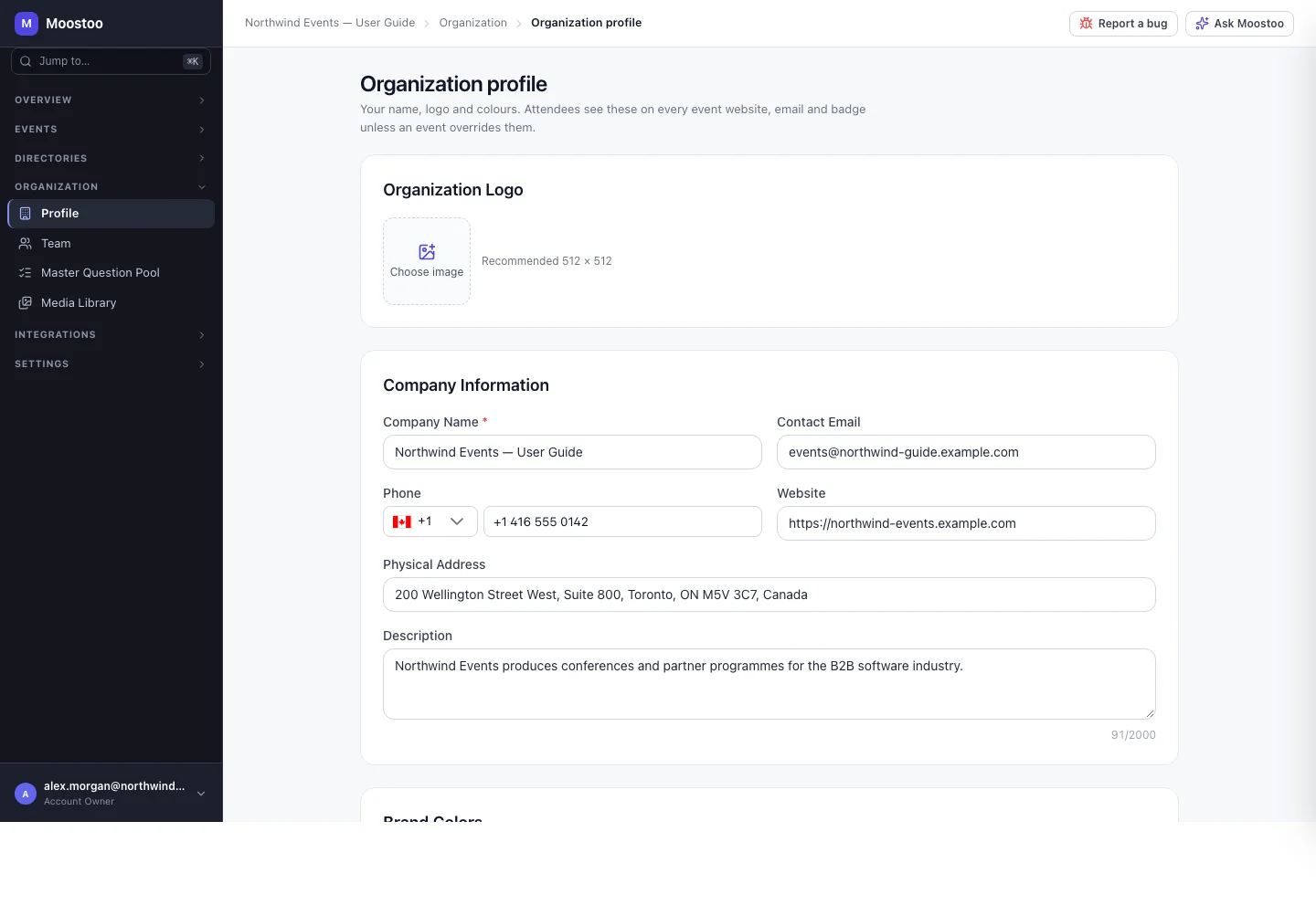 The organization profile with the logo, company information, brand colours and the Data location card