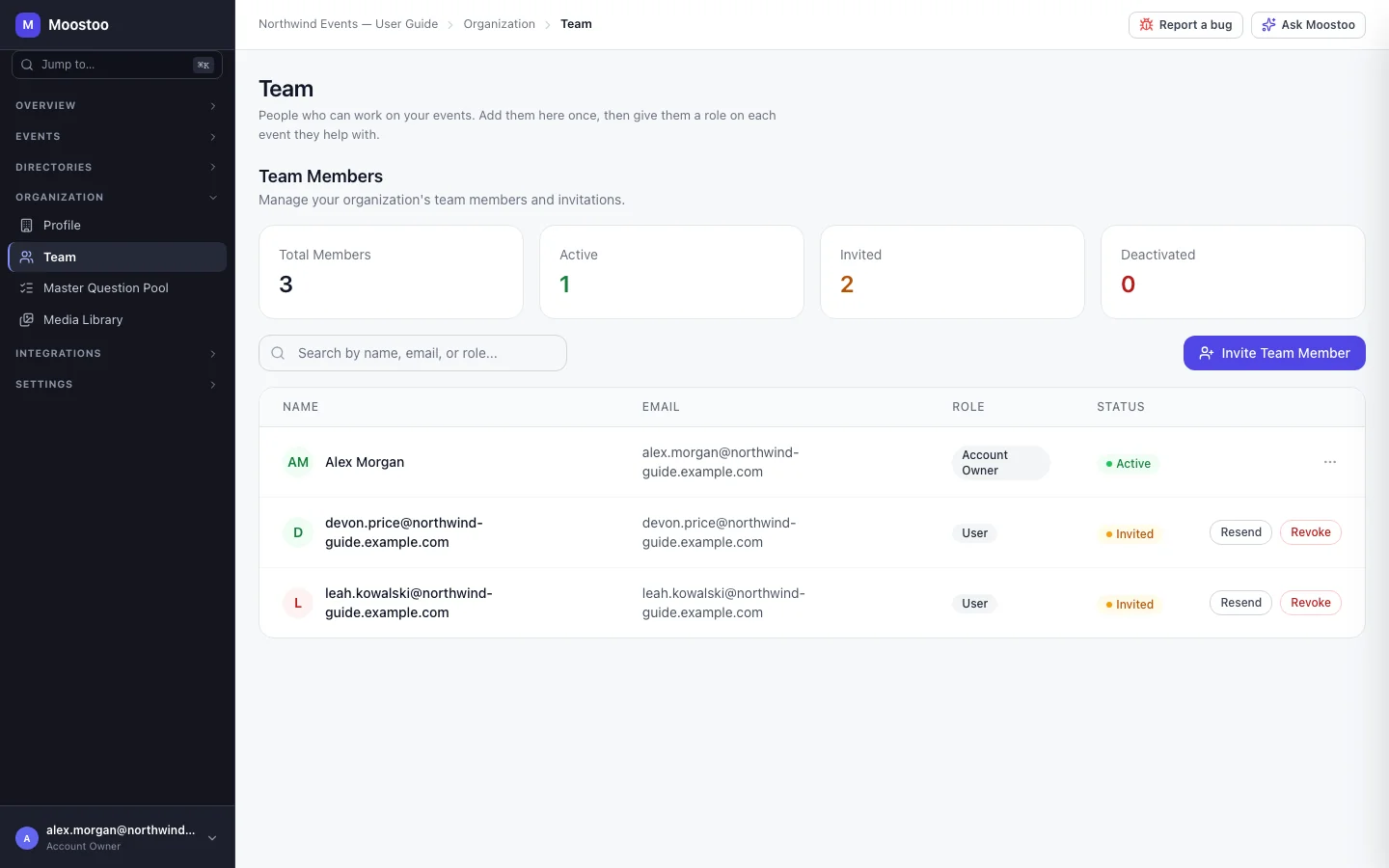 The Team Members table with member counts, a search box and the Invite Team Member button