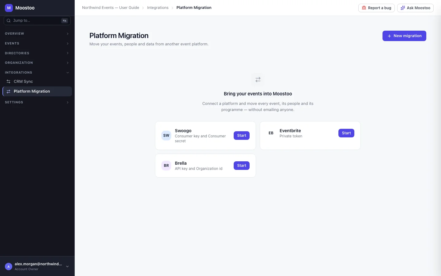 The Platform Migration screen with its run history and the New migration button