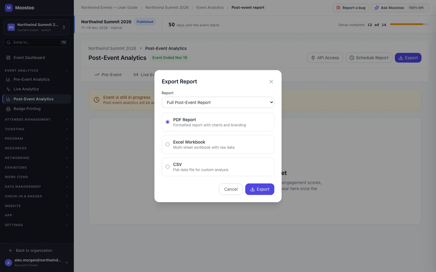 The Export Report dialog with the report picker and the PDF, Excel and CSV options