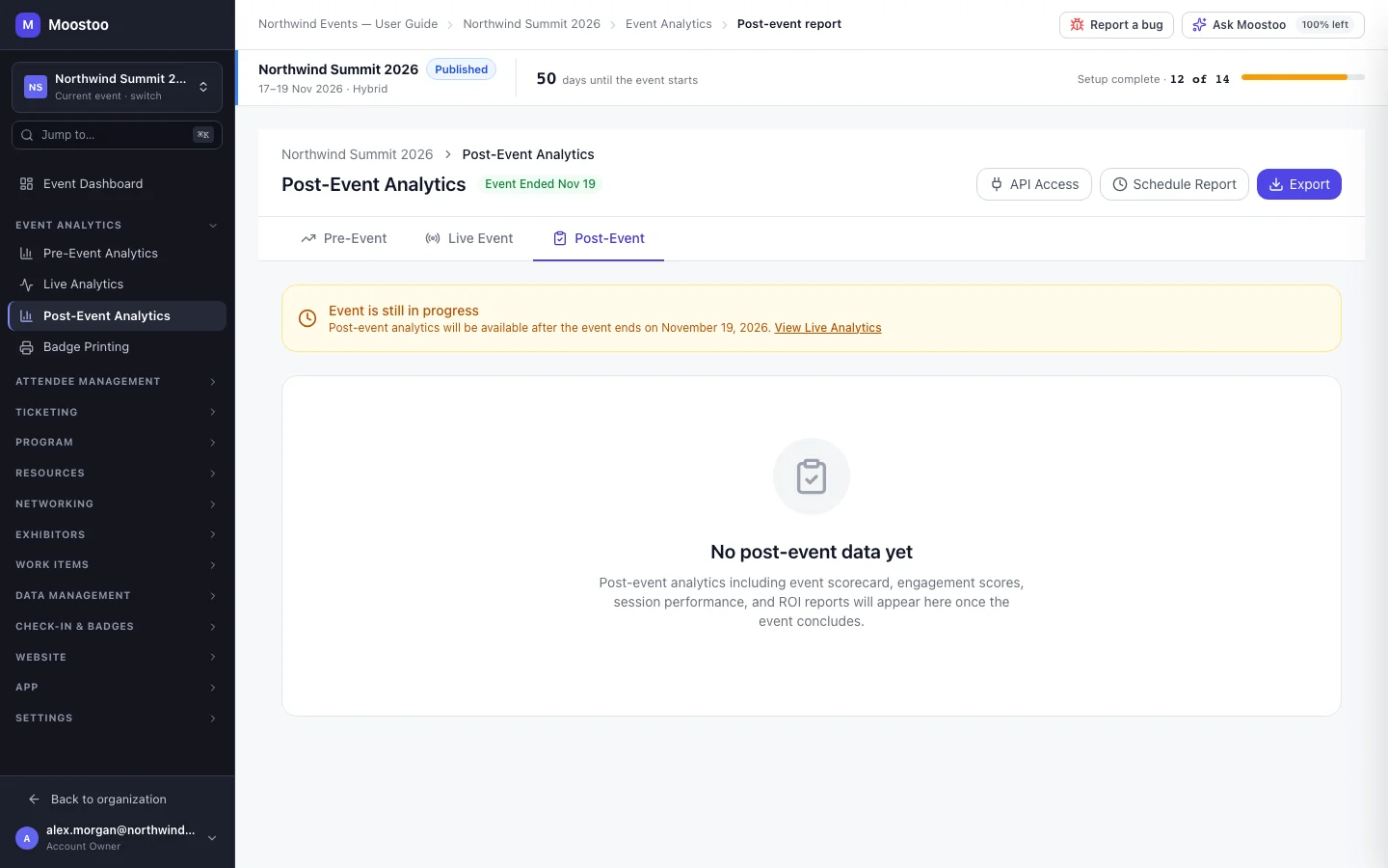 Post-Event Analytics scorecard with the Event Health Score, headline metric cards and event highlights