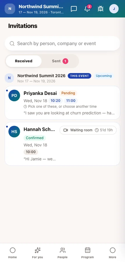 The attendee app's Invitations screen with an invitation marked as sent by the organizer