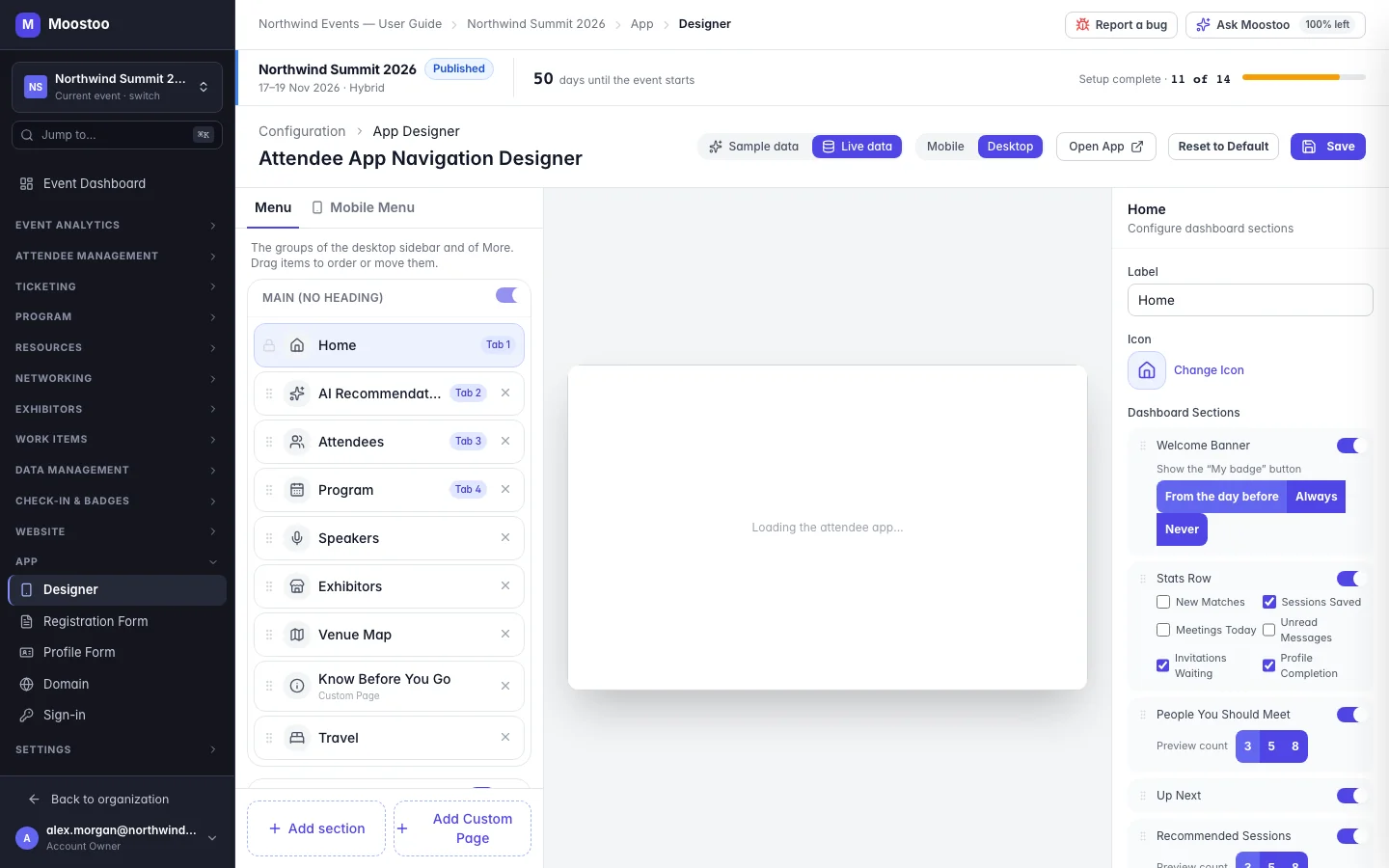 The App Designer preview showing the attendee app in desktop mode with live data