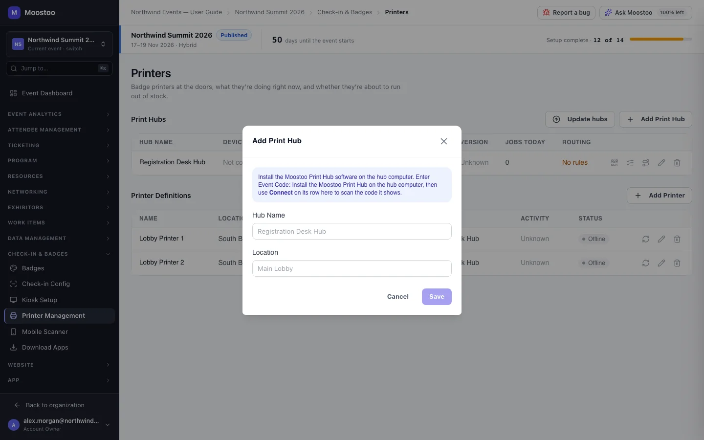 The Add Print Hub dialog with Hub Name and Location fields