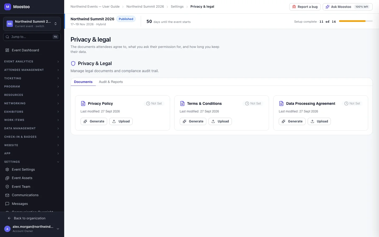 Privacy & Legal Documents tab with Privacy Policy, Terms & Conditions and Data Processing Agreement cards and their Generate, Upload and Publish actions