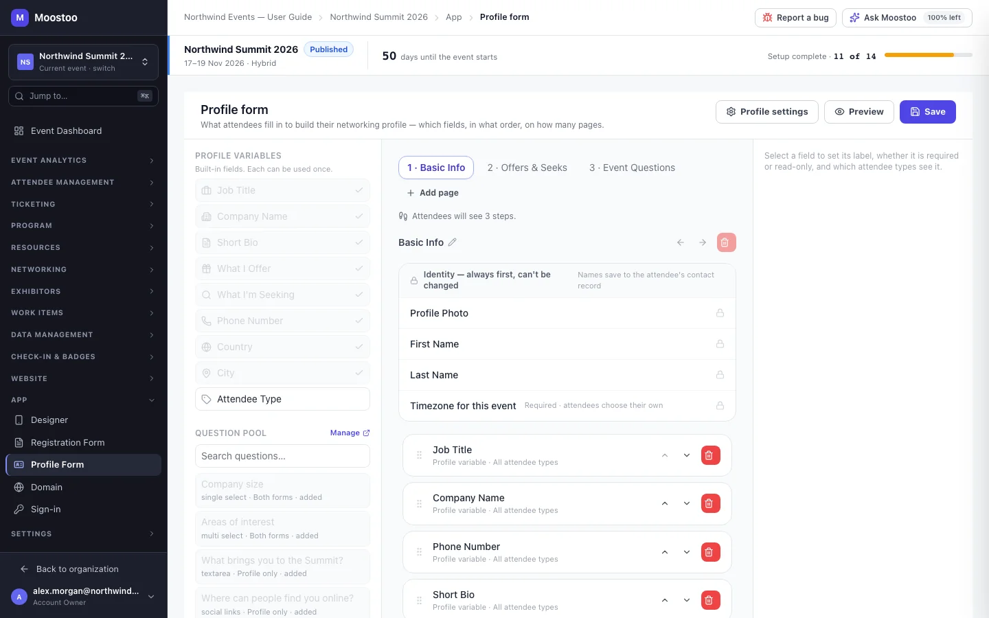 The Profile Form builder with the palette of profile variables and questions, the canvas showing the identity block and fields on page 1, and page tabs