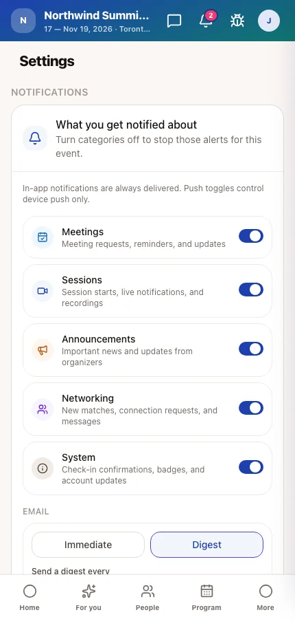 The attendee app's Settings screen with the Show my profile to other attendees switch