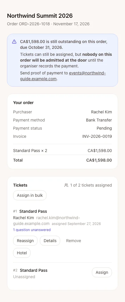 The purchaser console for an order of Northwind Summit 2026 tickets, with an outstanding-payment warning and the list of tickets
