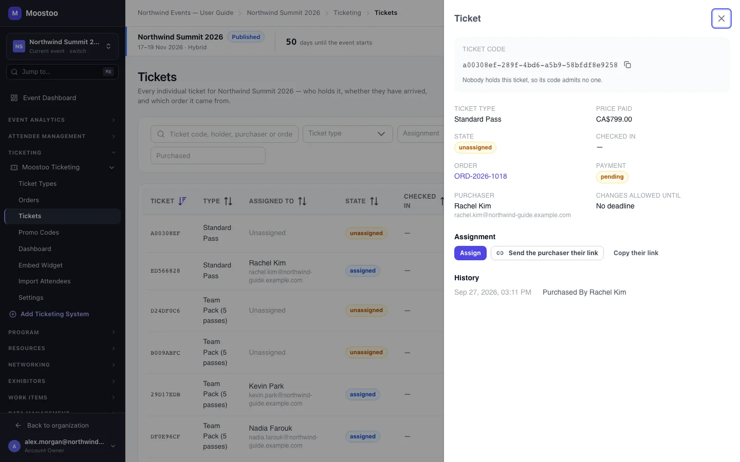 A ticket's drawer in the admin app with Assign, Send the purchaser their link and Copy their link