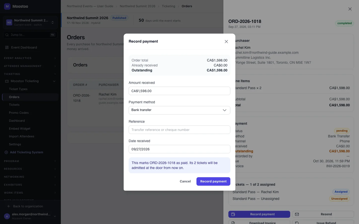 The Record payment dialog showing the order total, amount already received, outstanding balance, amount, method, reference, date received and the consequence of recording