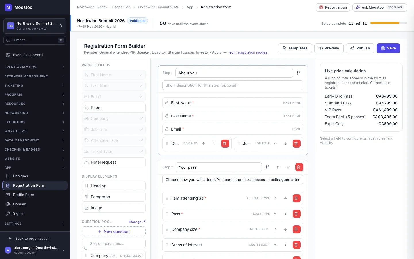 The Registration Form Builder with the field palette on the left, the form steps in the middle and the live price calculation on the right