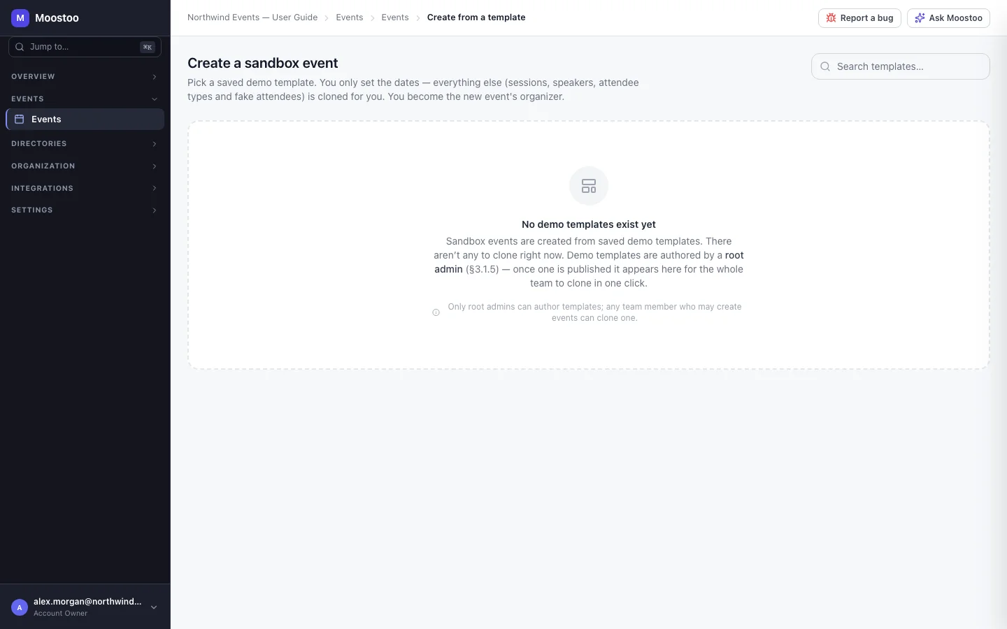 Create a sandbox event: a grid of demo templates, each with its length and counts of fake attendees, sessions, speakers and attendee types