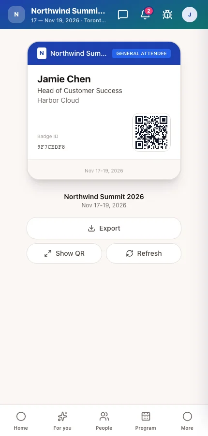The attendee app's My Badge screen, whose QR code staff scan at a session door