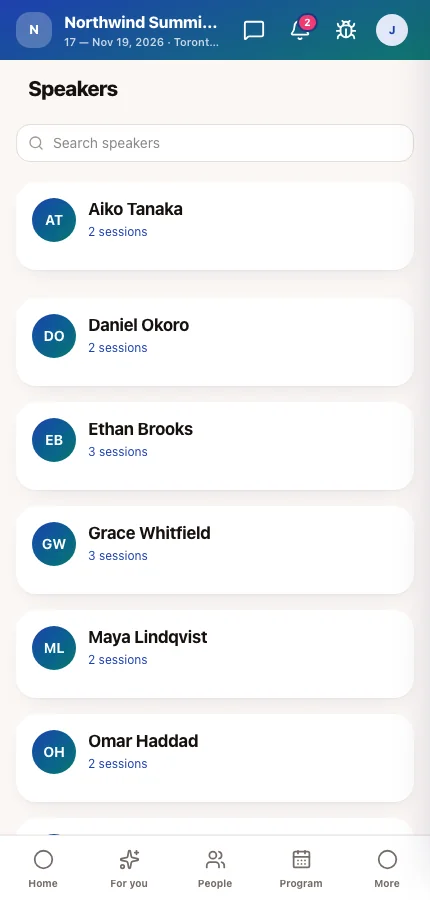 The attendee app's Speakers screen listing the event's speakers with photos and titles