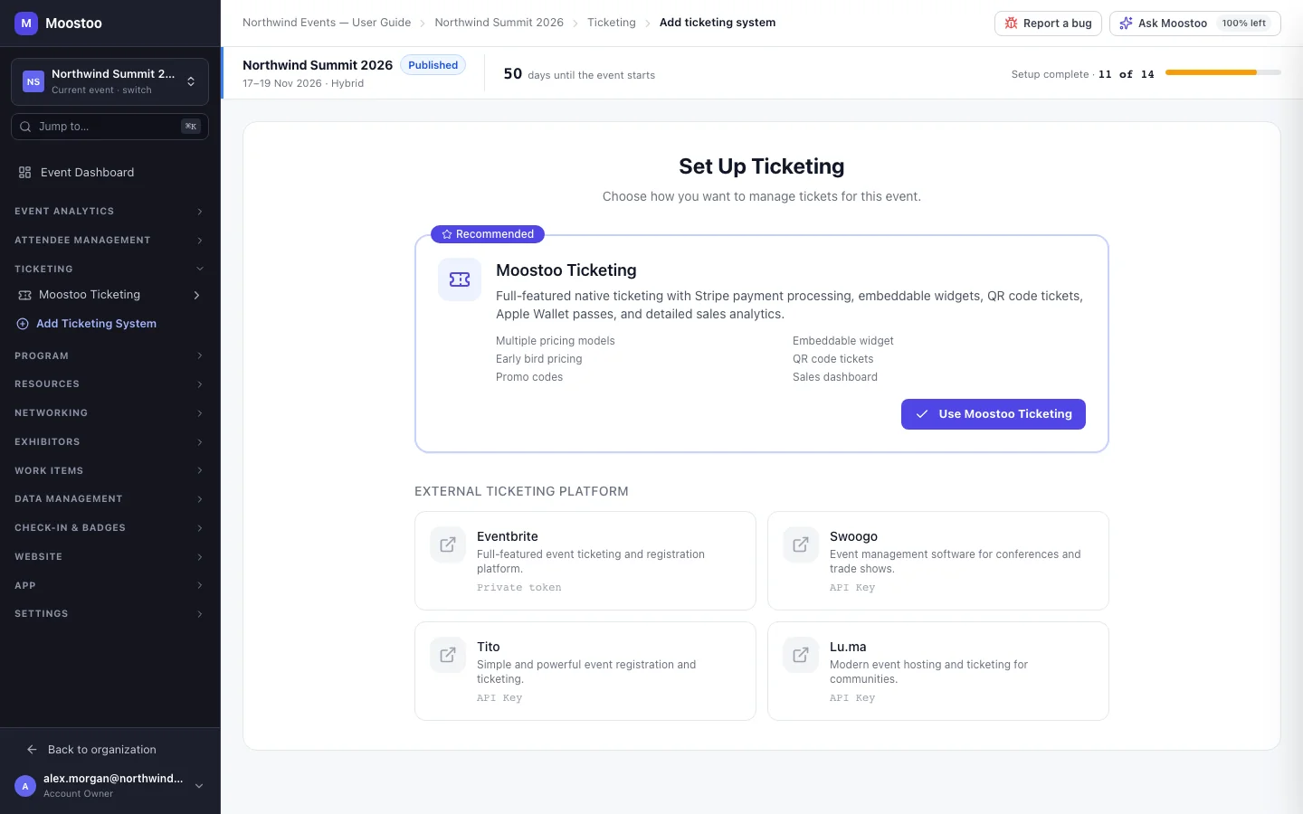 The Set Up Ticketing screen with the recommended Moostoo Ticketing card and cards for Eventbrite, Swoogo, Tito and Lu.ma