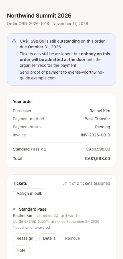 The purchaser's order console listing its tickets and their holders