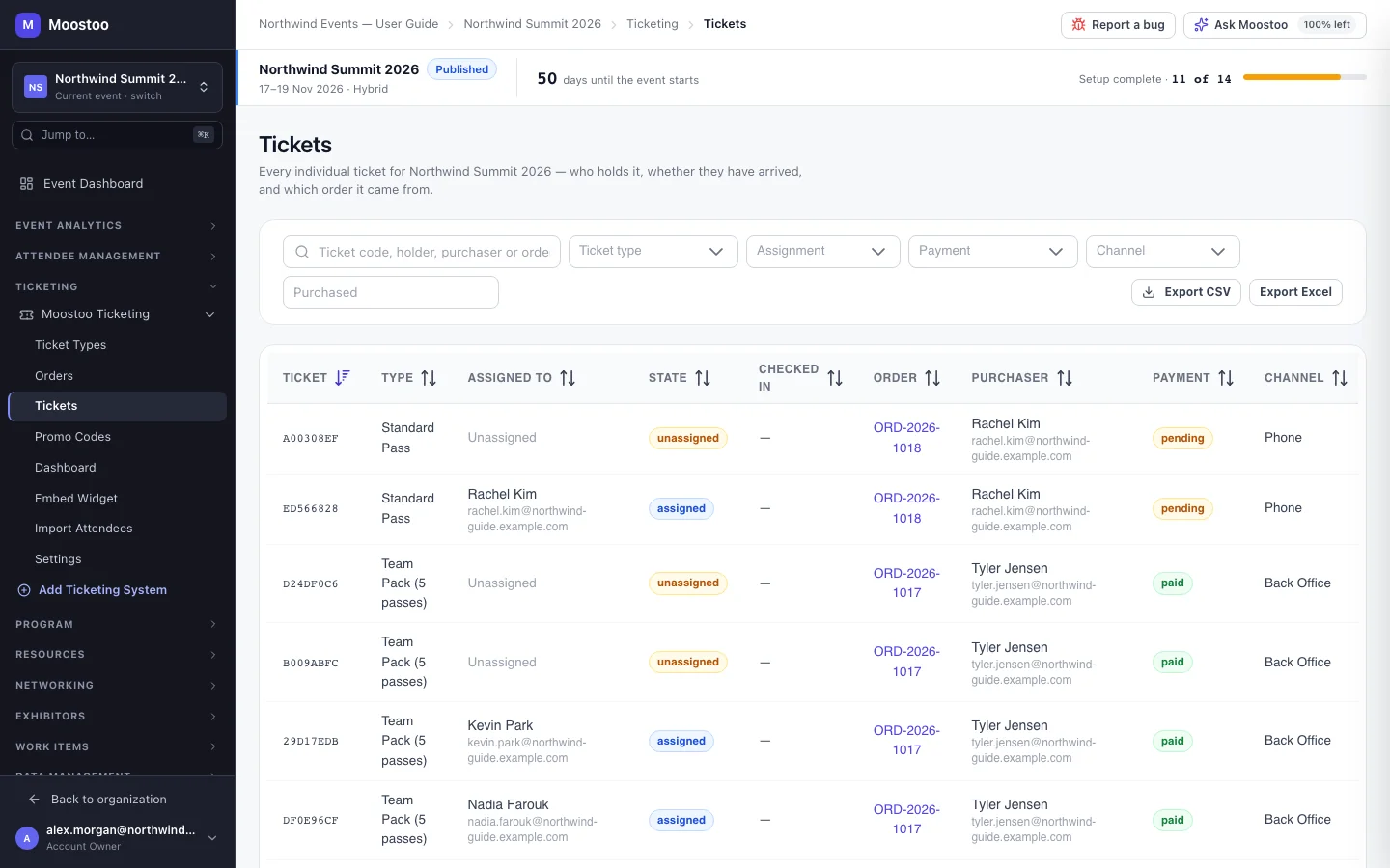 The Tickets list with ticket code, type, holder, state, check-in, order, purchaser, payment and channel, and filters above it