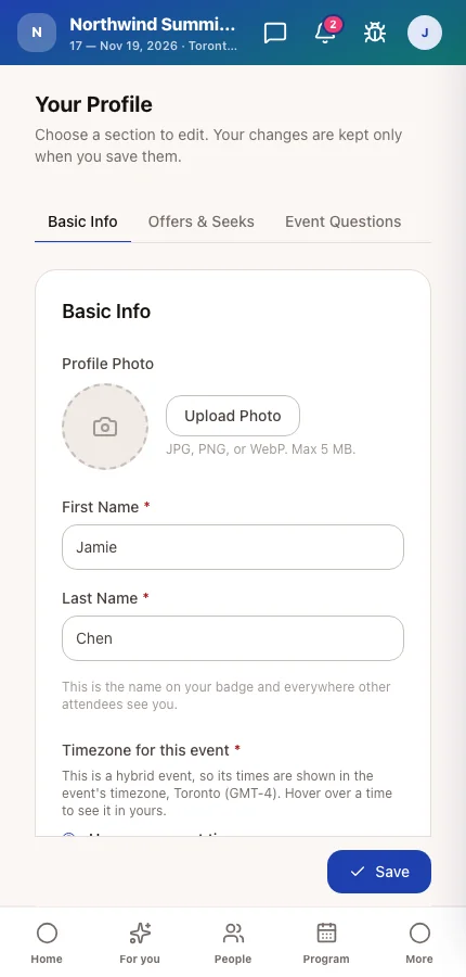 Page 1 of the attendee's profile showing the Timezone for this event setting