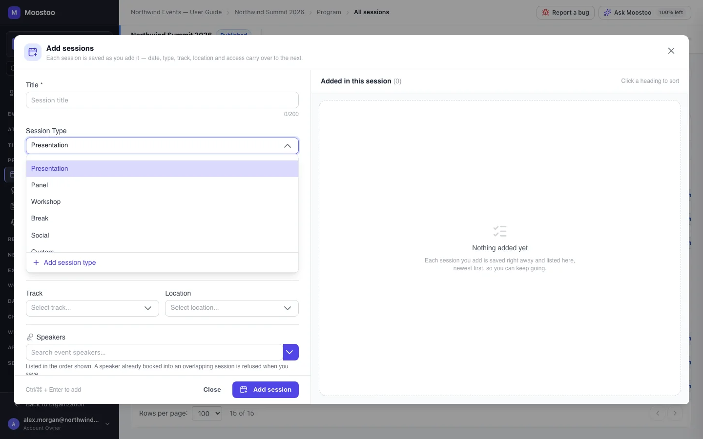 The session form with the Session Type picker open, showing built-in types and Add session type at the bottom