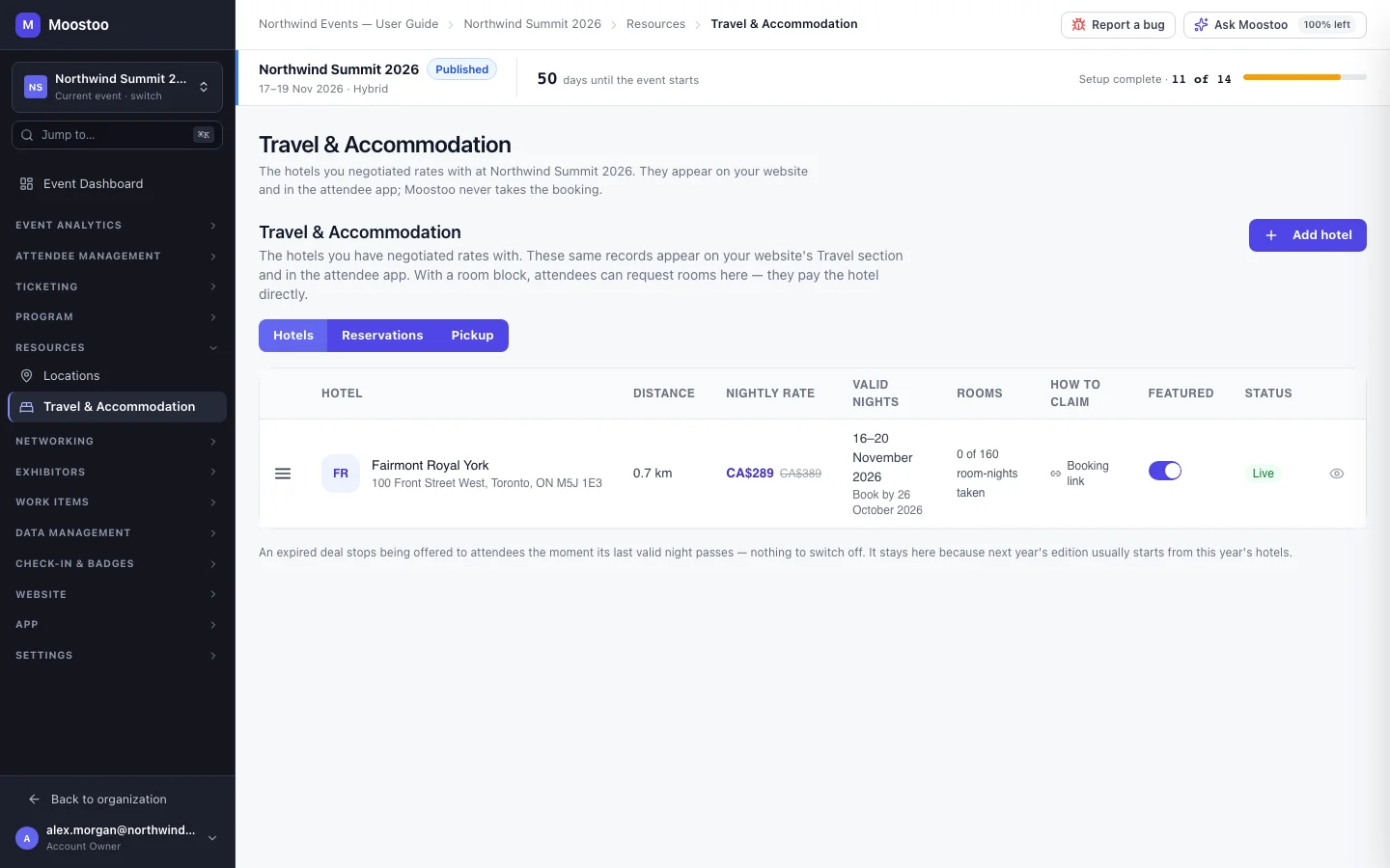 Travel & Accommodation hotel list with distance, nightly rate, valid nights, rooms, featured and status columns