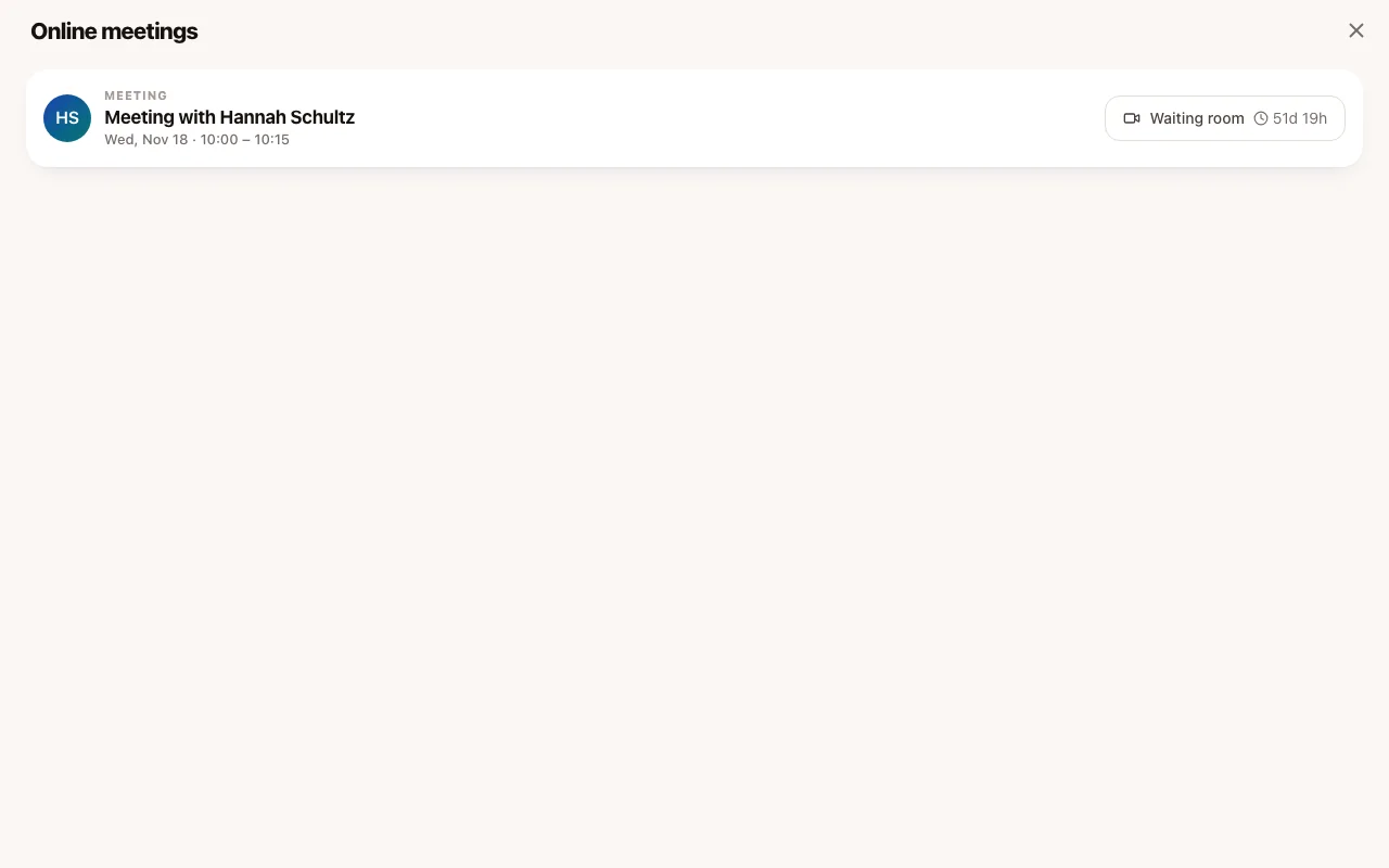 The attendee app's Online meetings screen listing upcoming online meetings with their Join buttons