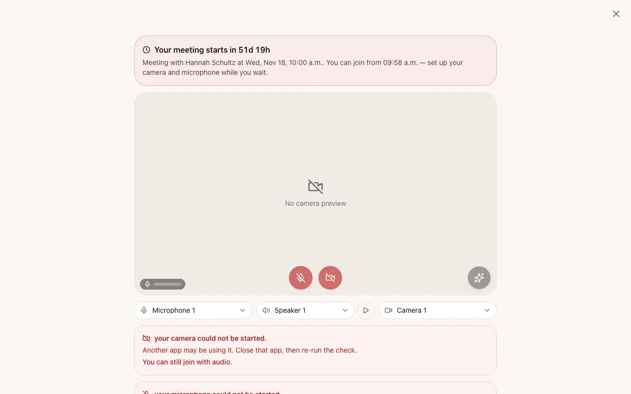 The waiting room with camera preview, microphone and camera toggles, device selectors and the Backgrounds and effects button