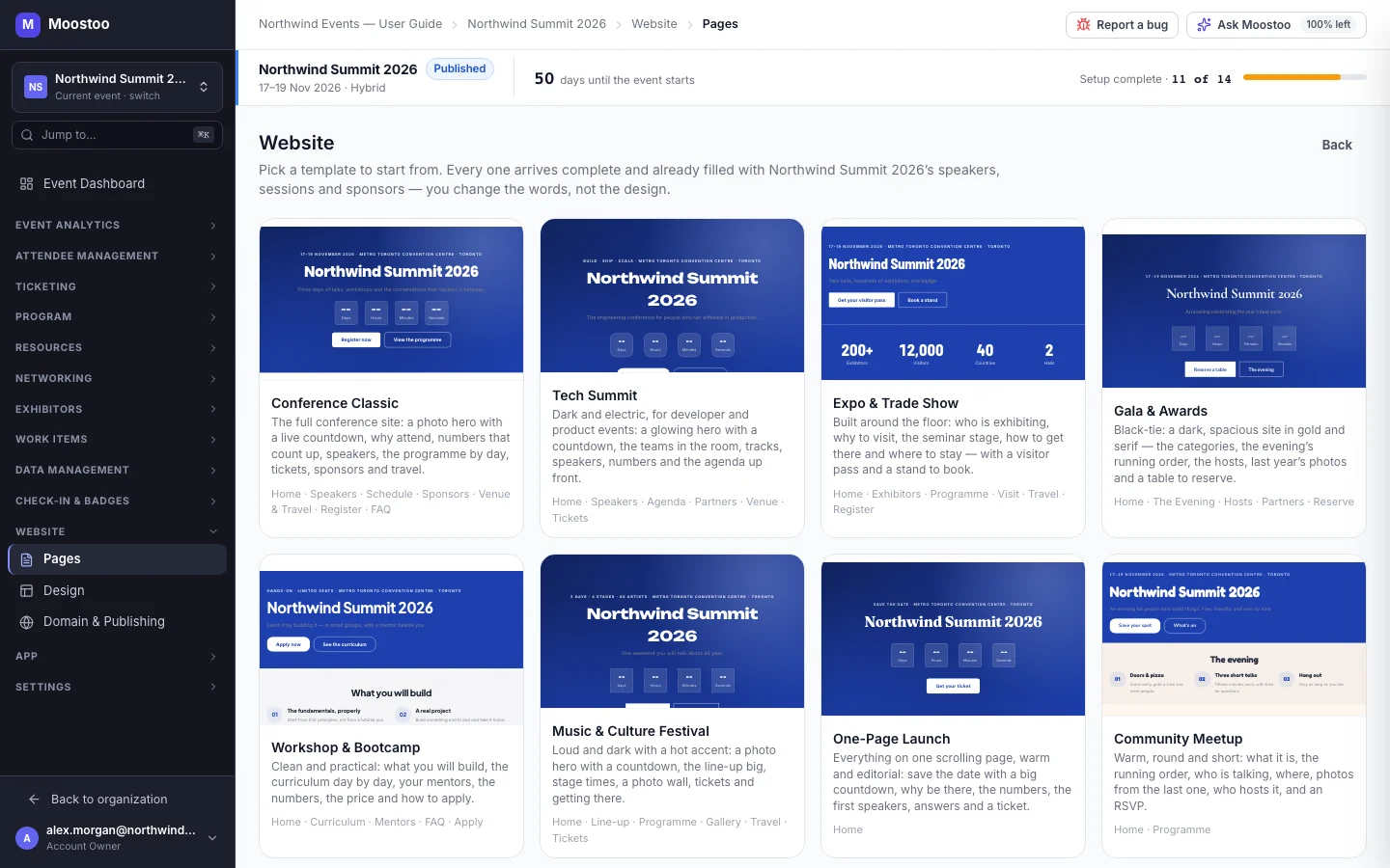 The website template gallery showing eight template cards previewed with the Northwind Summit's data