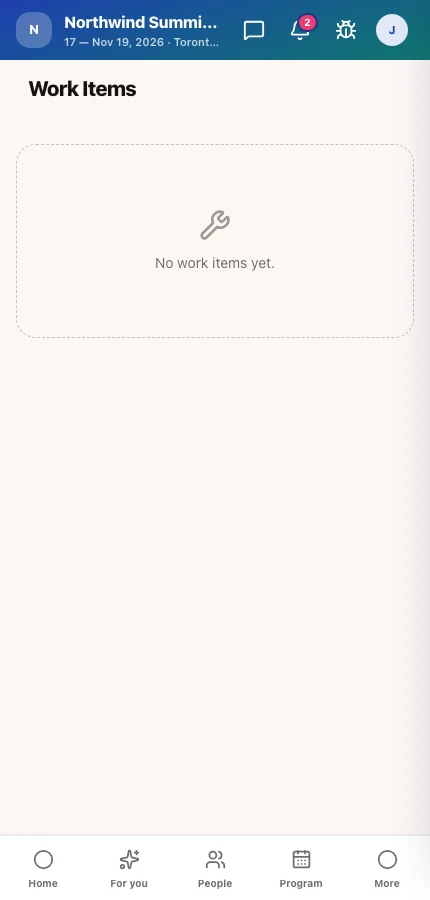 The attendee app's Work Items screen listing requests with their status and payment